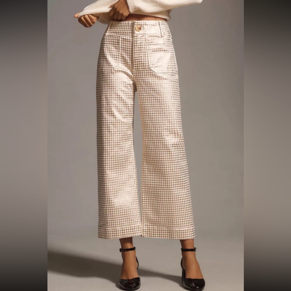 NWOT Anthropologie Maeve Colette Wide Leg Pants Gold Polka Dot Metallic Size 32